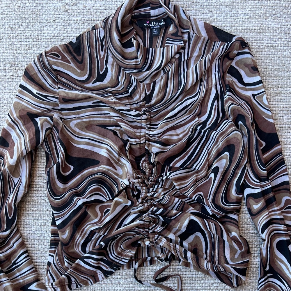 Mixed Thread Sheer Long Sleeve Retro Aesthetic Print Brown Tan Top size XL